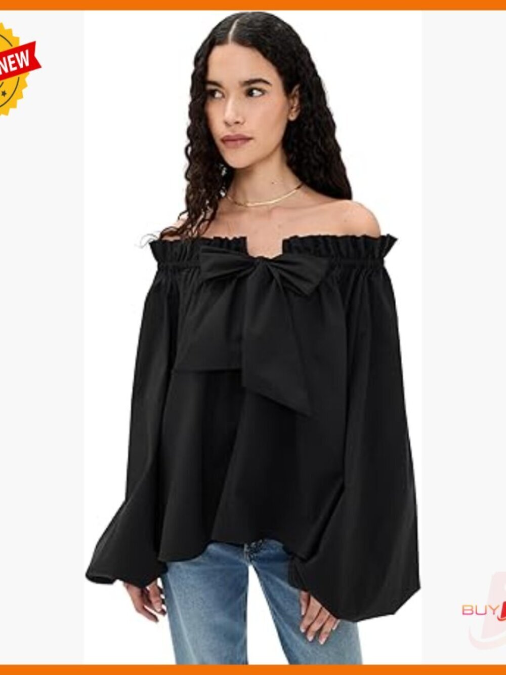 Off-Shoulder Blouse with Smocked Neckline and Self-Tie Bow, Loose Fit